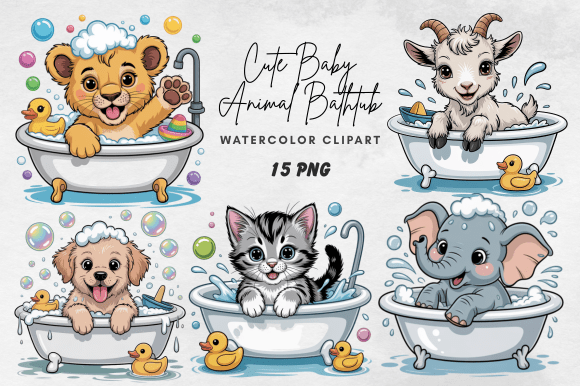 Download Cute Baby Animal Bathtub Clipart Bundle - Baby animal Collection