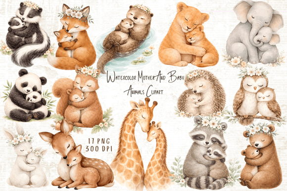 Download Mother &amp; Baby Animals Watercolor Clipart - Baby animal Collection