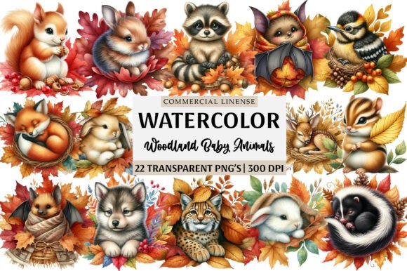 Download Woodland Baby Animals in Autumn Leaves - Baby animal Collection