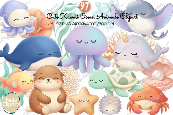 Download Cute Kawaii Ocean Animals Clipart Set - Ocean animals clipart Collection