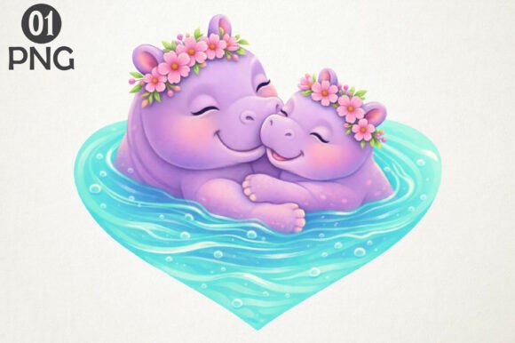 Download Cute Hippo Mom Baby Floral Clipart PNG - Premium Resources